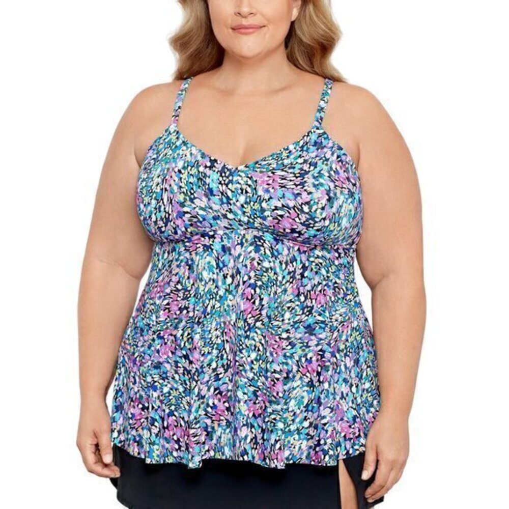 Swim Solutions Plus Size Printed V-Neck Underwire Tankini Top-18W